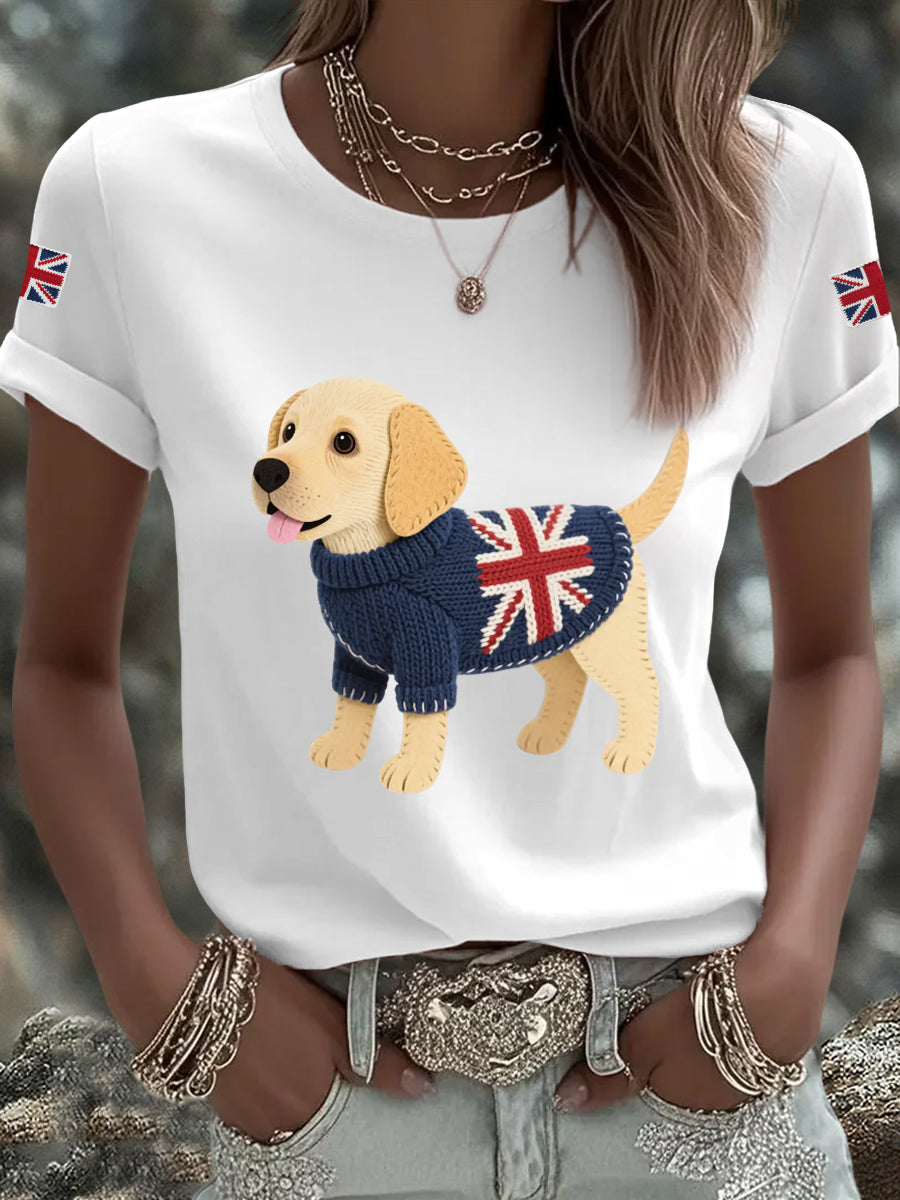 Women's Cute Labrador Union Jack Print Casual Tee-2