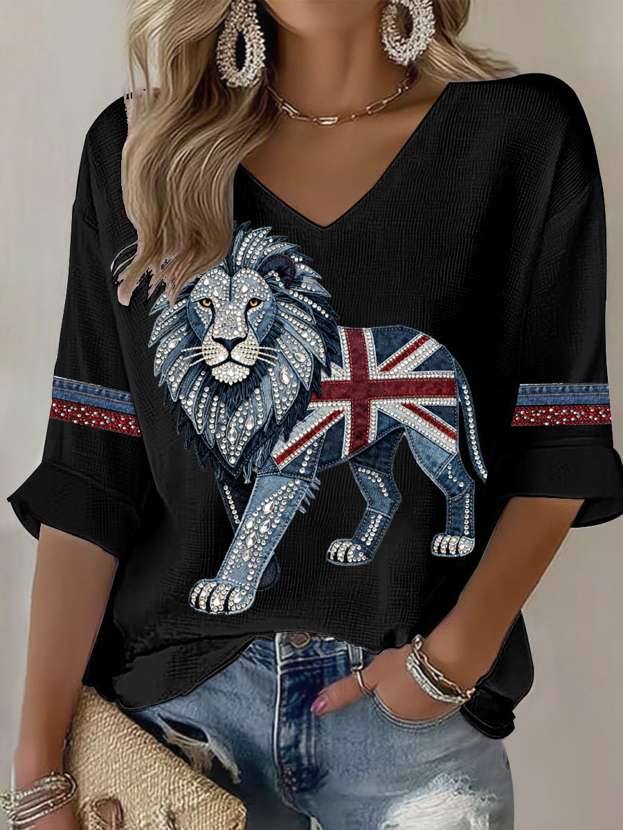 Women's British style imitation denim rhinestone hot-drill Printed Casual T-shirt-1