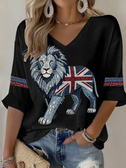 Women's British style imitation denim rhinestone hot-drill Printed Casual T-shirt-1