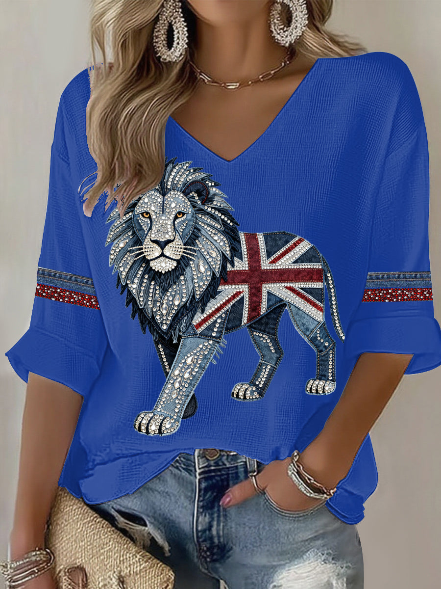 Women's British style imitation denim rhinestone hot-drill Printed Casual T-shirt-3