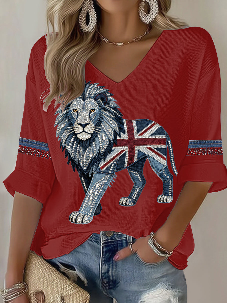 Women's British style imitation denim rhinestone hot-drill Printed Casual T-shirt-2