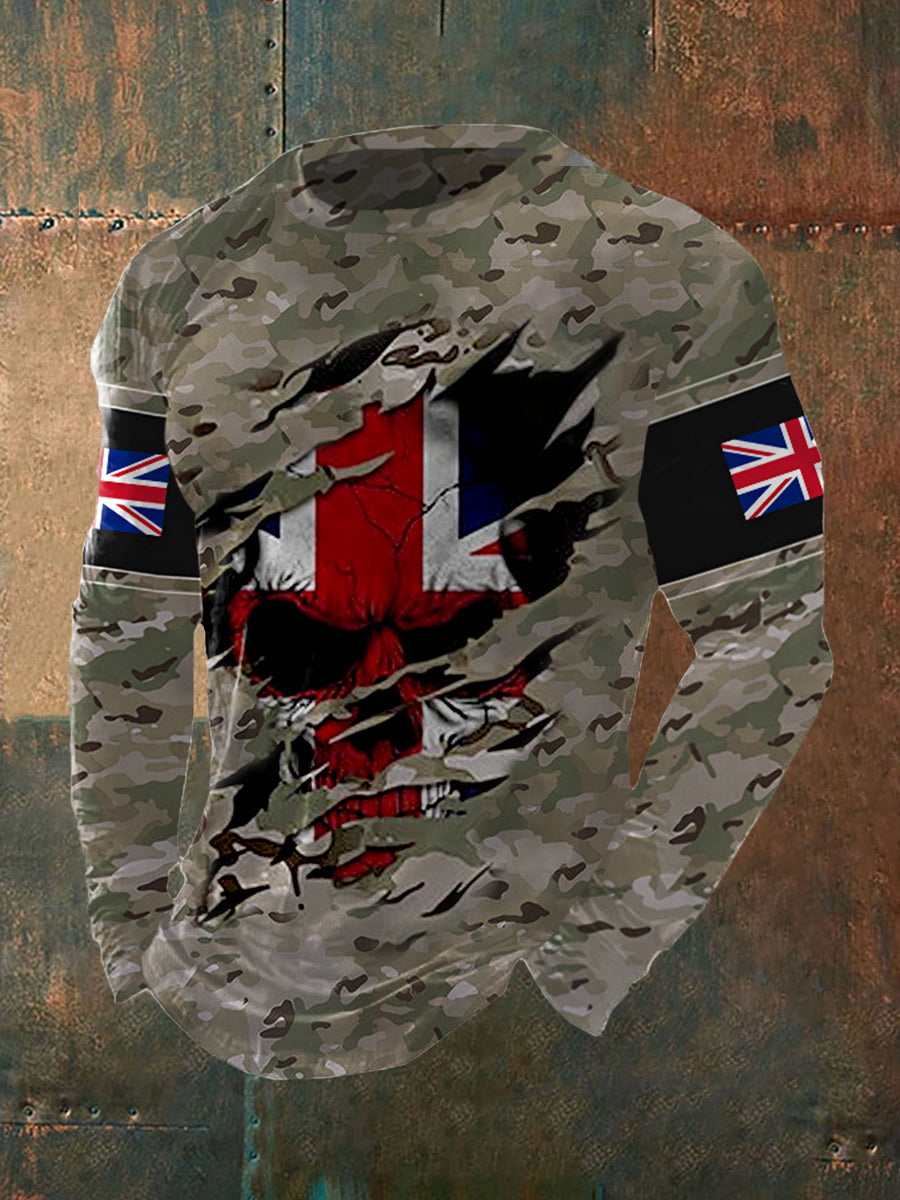 Men's UK Flag Camouflage Skull Print Casual Long-Sleeve T-Shirt