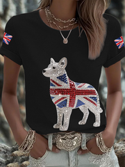 Women's British imitation diamond hot-drilling Printed short-sleeved T-shirt