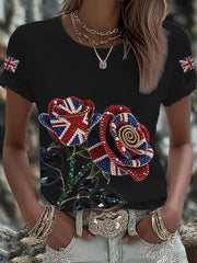 Women's British imitation diamond hot-drilling Printed Iron On Short Sleeve T-Shirt-1