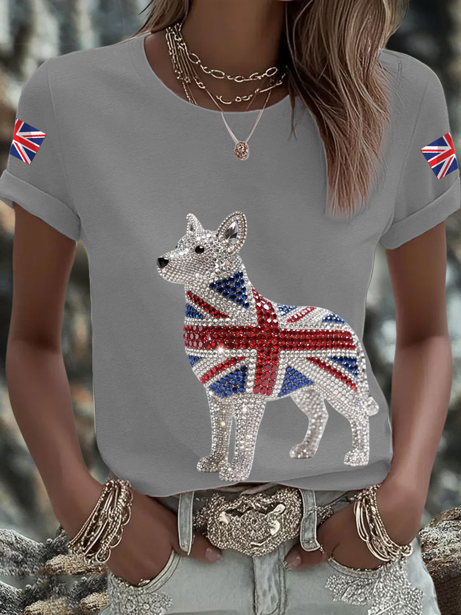 Women's British imitation diamond hot-drilling Printed short-sleeved T-shirt-3