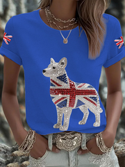 Women's British imitation diamond hot-drilling Printed short-sleeved T-shirt-4
