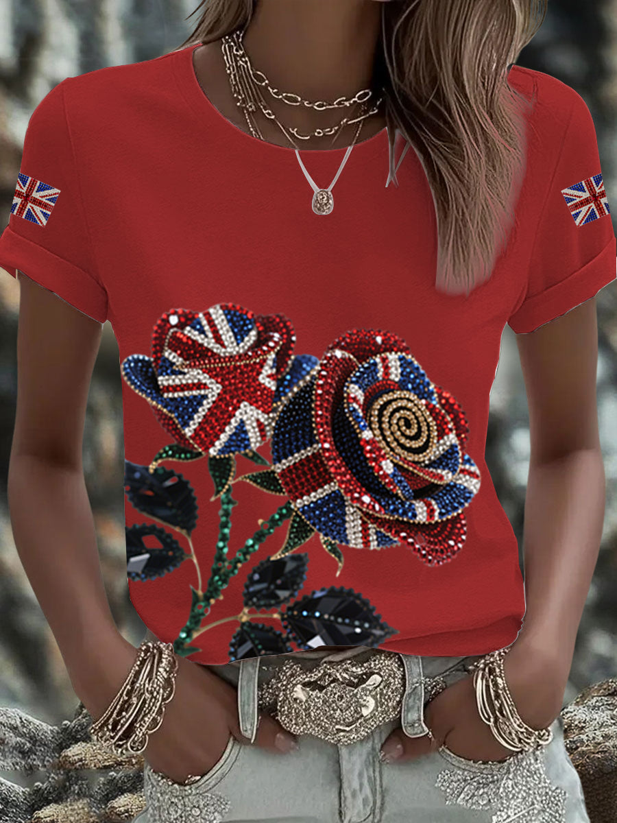 Women's British imitation diamond hot-drilling Printed Iron On Short Sleeve T-Shirt-2