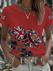 Women's British imitation diamond hot-drilling Printed Iron On Short Sleeve T-Shirt-2