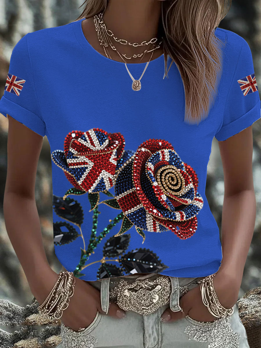 Women's British imitation diamond hot-drilling Printed Iron On Short Sleeve T-Shirt-3