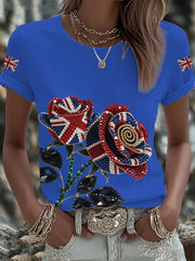 Women's British imitation diamond hot-drilling Printed Iron On Short Sleeve T-Shirt-3