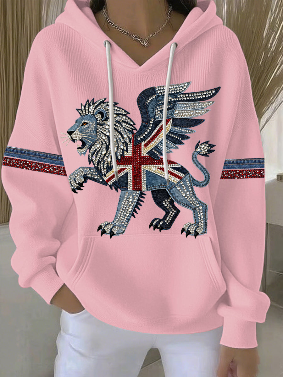 Women's British style imitation denim rhinestone hot-drill print casual hoodie-4