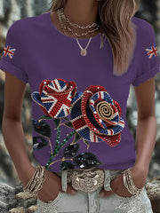 Women's British imitation diamond hot-drilling Printed Iron On Short Sleeve T-Shirt-4