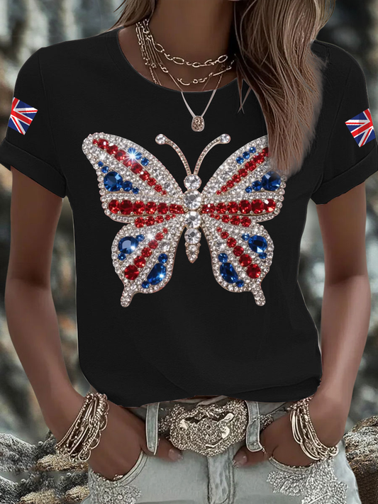 Women's British imitation diamond hot-drilling Printed Iron On Short Sleeve T-Shirt