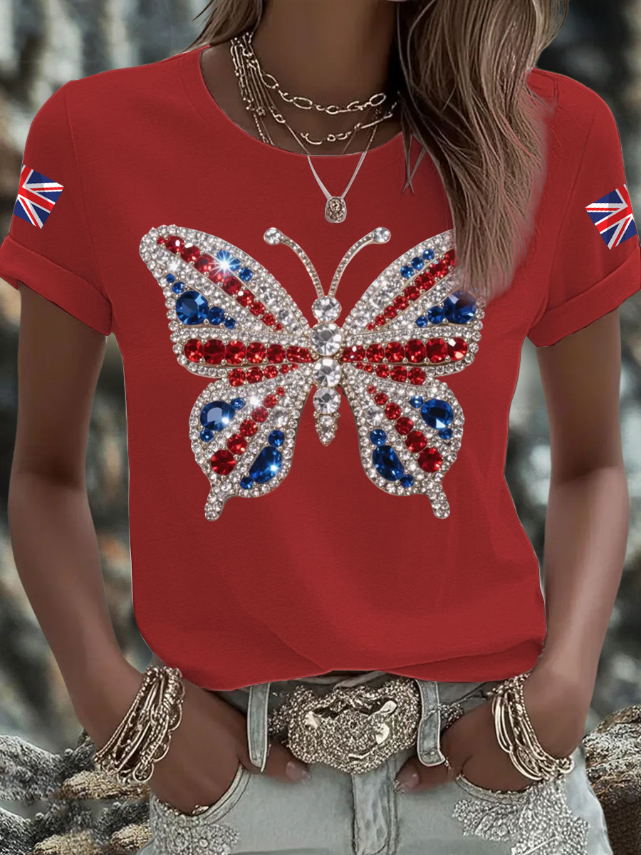 Women's British imitation diamond hot-drilling Printed Iron On Short Sleeve T-Shirt-2