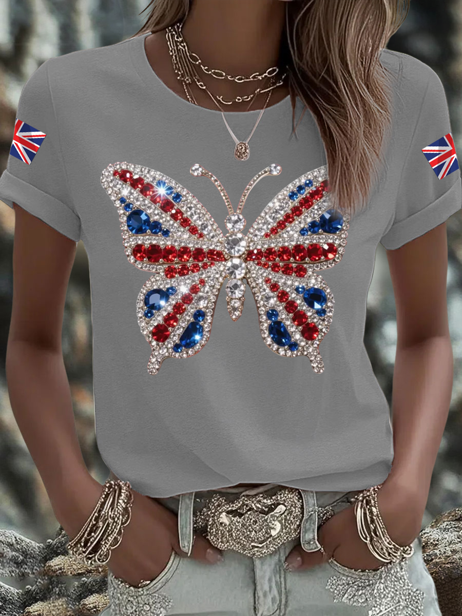 Women's British imitation diamond hot-drilling Printed Iron On Short Sleeve T-Shirt-3