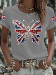 Women's British imitation diamond hot-drilling Printed Iron On Short Sleeve T-Shirt-3