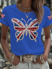 Women's British imitation diamond hot-drilling Printed Iron On Short Sleeve T-Shirt-4