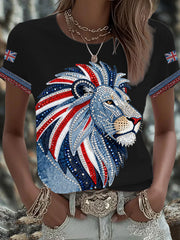 Women's British style imitation denim rhinestone hot-drill Printed Iron On Short Sleeve T-Shirt-1