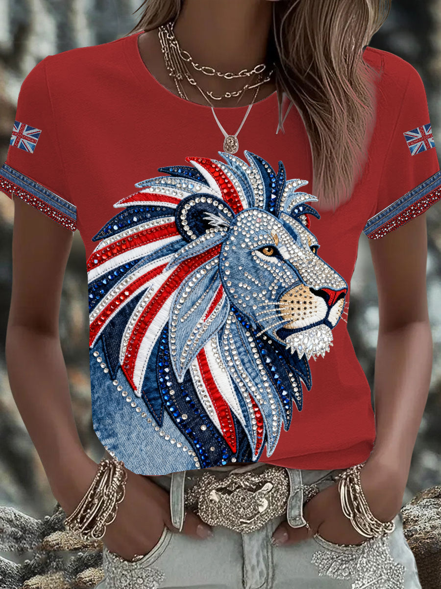 Women's British style imitation denim rhinestone hot-drill Printed Iron On Short Sleeve T-Shirt-2