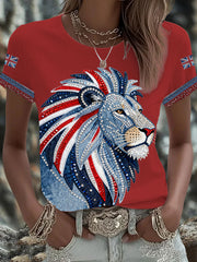 Women's British style imitation denim rhinestone hot-drill Printed Iron On Short Sleeve T-Shirt-2