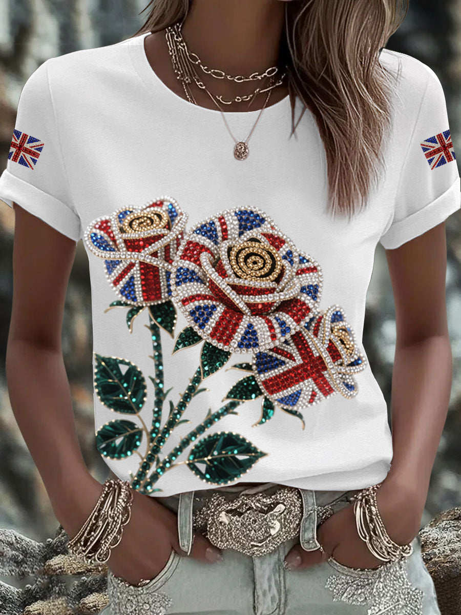 Women's British imitation diamond hot-drilling Printed Iron On Short Sleeve T-Shirt
