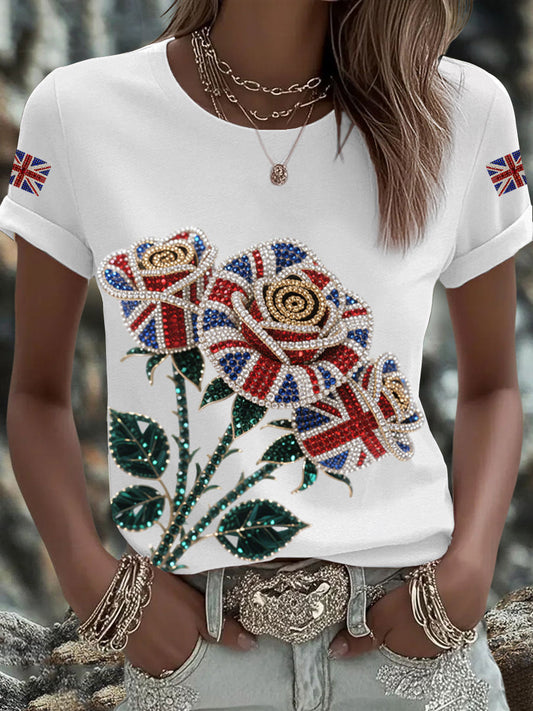 Women's British imitation diamond hot-drilling Printed Iron On Short Sleeve T-Shirt