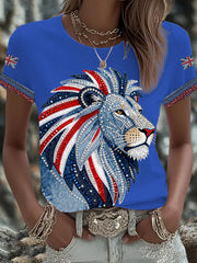 Women's British style imitation denim rhinestone hot-drill Printed Iron On Short Sleeve T-Shirt-3