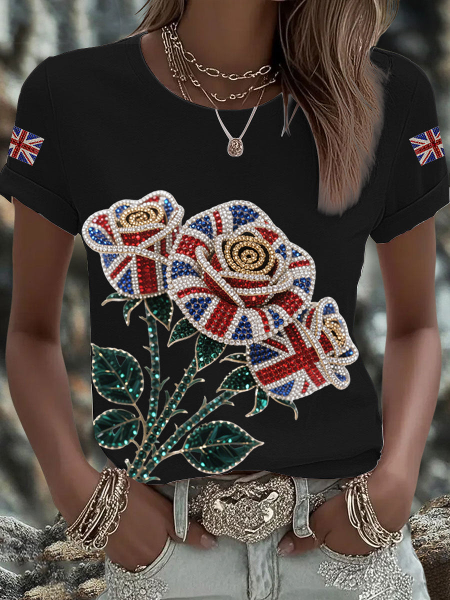Women's British imitation diamond hot-drilling Printed Iron On Short Sleeve T-Shirt-1