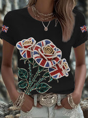 Women's British imitation diamond hot-drilling Printed Iron On Short Sleeve T-Shirt-1