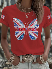 Women's British imitation diamond hot-drilling Printed Iron On Short Sleeve T-Shirt-2