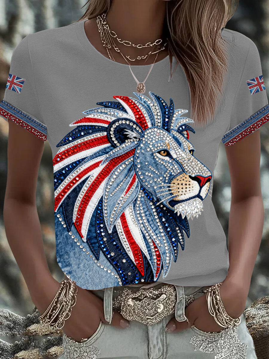 Women's British style imitation denim rhinestone hot-drill Printed Iron On Short Sleeve T-Shirt-4