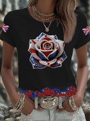 Women's British imitation diamond hot-drilling Printed short-sleeved T-shirt-1