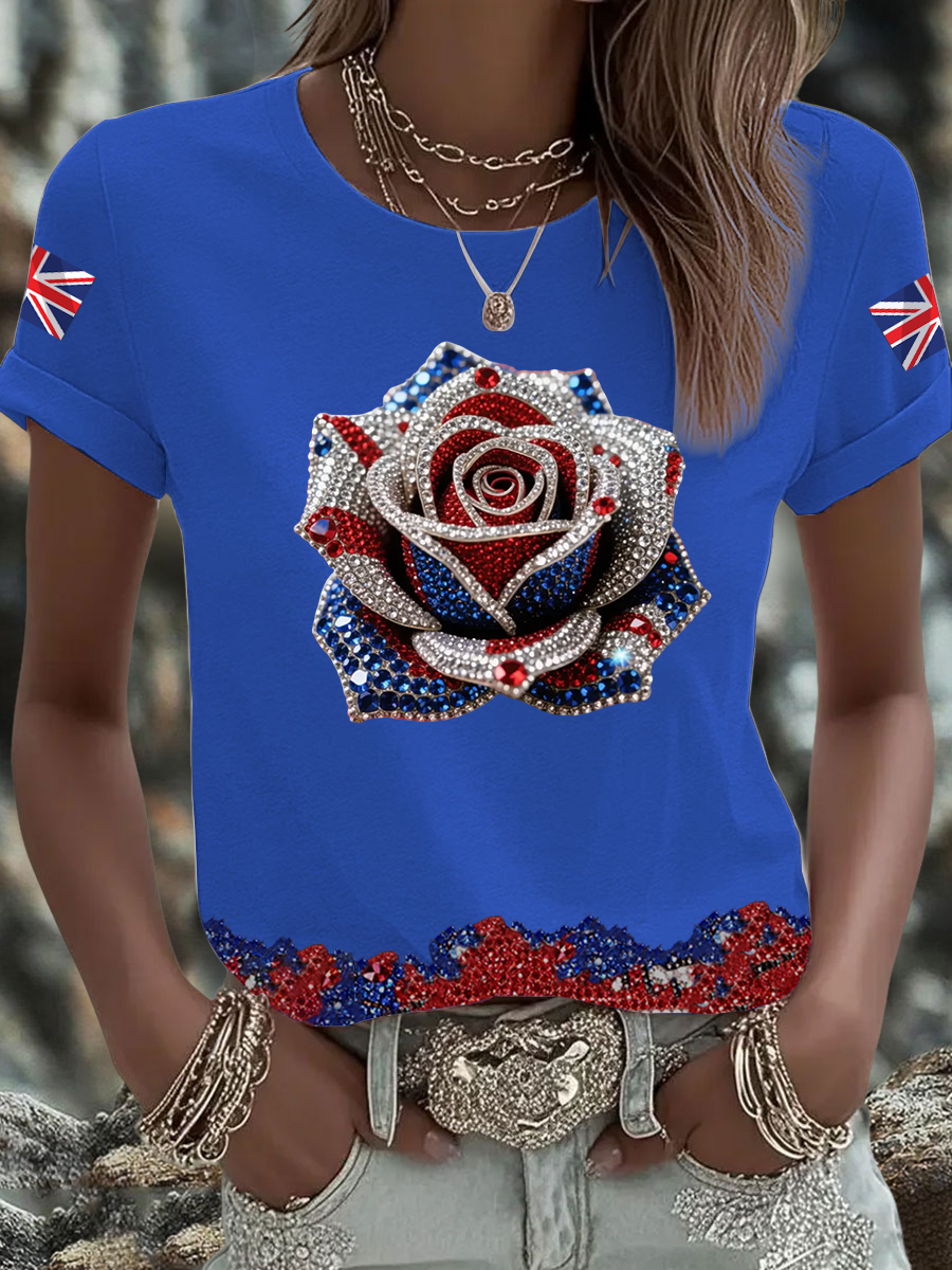 Women's British imitation diamond hot-drilling Printed short-sleeved T-shirt-2