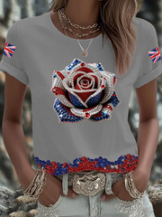 Women's British imitation diamond hot-drilling Printed short-sleeved T-shirt-3