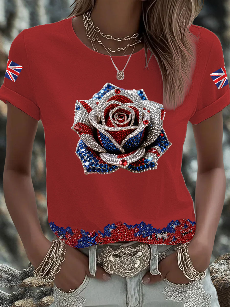 Women's British imitation diamond hot-drilling Printed short-sleeved T-shirt-4