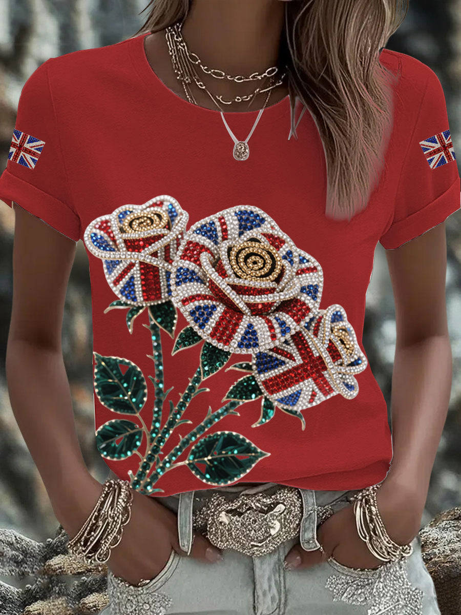 Women's British imitation diamond hot-drilling Printed Iron On Short Sleeve T-Shirt-2