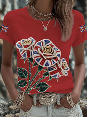 Women's British imitation diamond hot-drilling Printed Iron On Short Sleeve T-Shirt-2