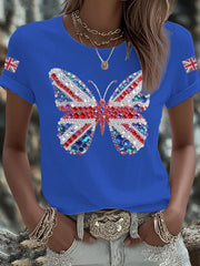 Women's British imitation diamond hot-drilling Printed Iron On Short Sleeve T-Shirt-3