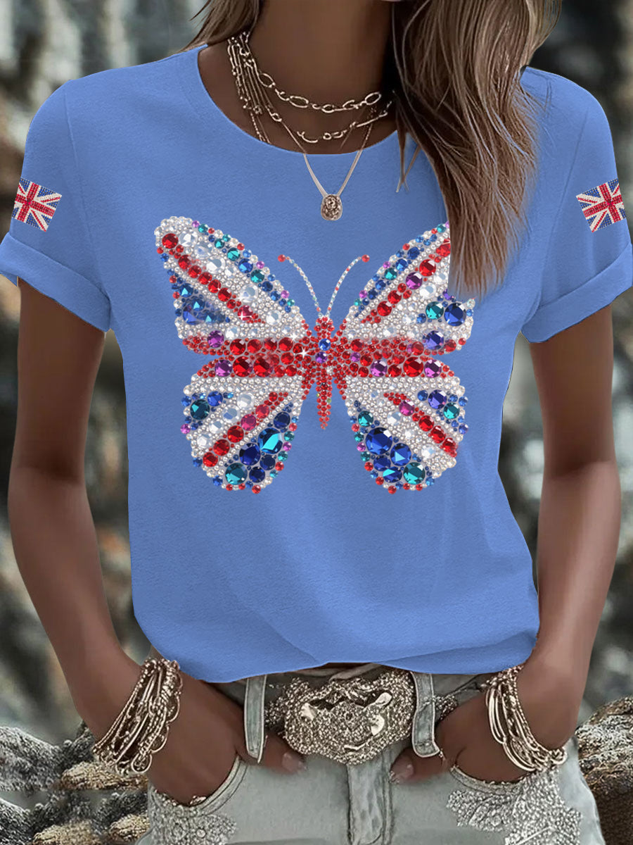 Women's British imitation diamond hot-drilling Printed Iron On Short Sleeve T-Shirt-4