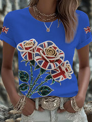 Women's British imitation diamond hot-drilling Printed Iron On Short Sleeve T-Shirt-3