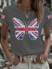 Women's British imitation diamond hot-drilling Printed Iron On Short Sleeve T-Shirt-5
