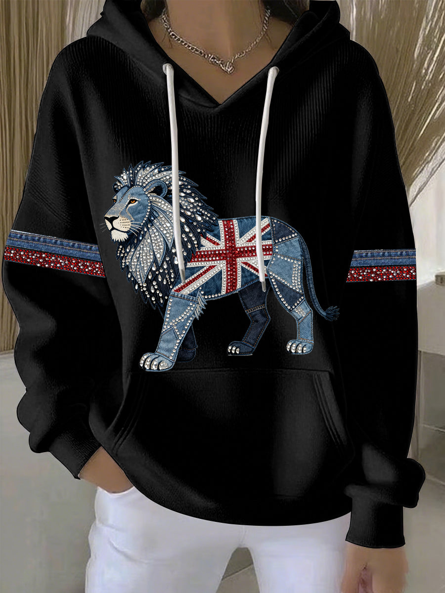 Women's British style imitation denim rhinestone hot-drill print casual hoodie-1