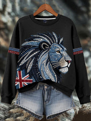 Women's British style imitation denim rhinestone hot-drill Print Sweatshirt-1