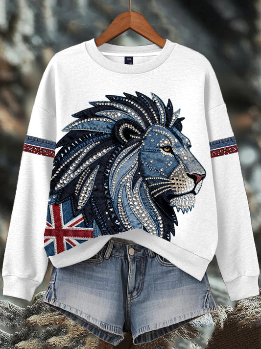 Women's British style imitation denim rhinestone hot-drill Print Sweatshirt