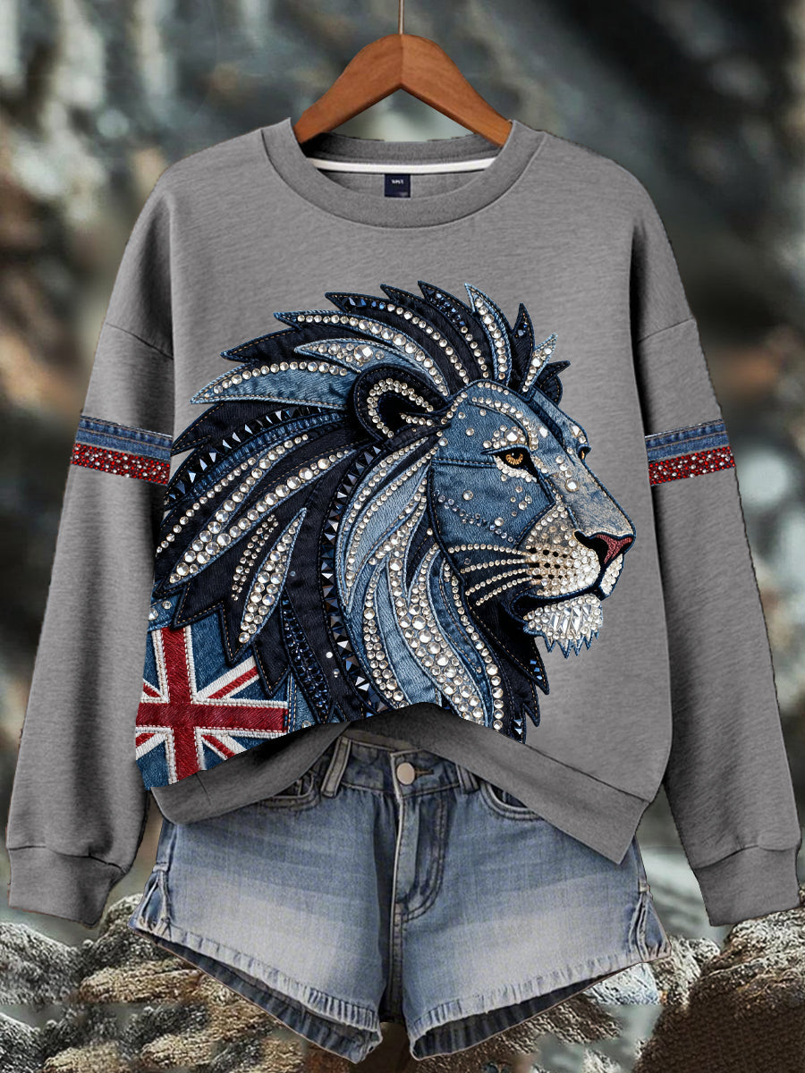 Women's British style imitation denim rhinestone hot-drill Print Sweatshirt-4