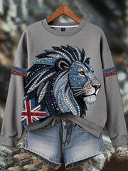 Women's British style imitation denim rhinestone hot-drill Print Sweatshirt-4