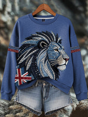 Women's British style imitation denim rhinestone hot-drill Print Sweatshirt-3