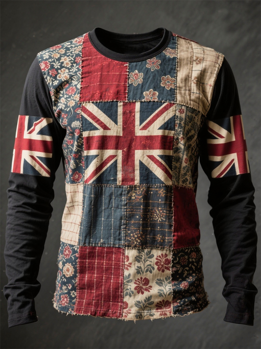 Unisex Union Jack and patchwork printed long sleeve round neck T-shirt