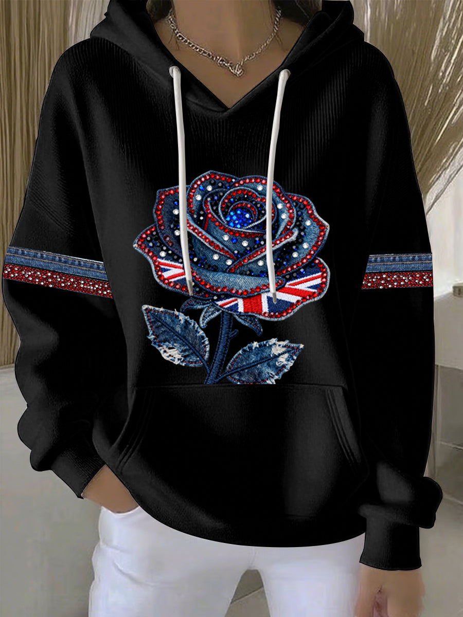 Women's British style imitation denim rhinestone hot-drill Print Casual Hoodie-1