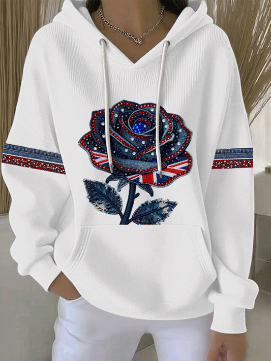 Women's British style imitation denim rhinestone hot-drill Print Casual Hoodie